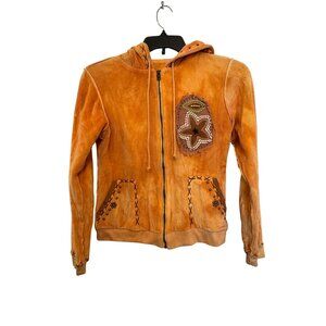 Vintage Boho Orange Hooded Zip-Up Jacket Size L